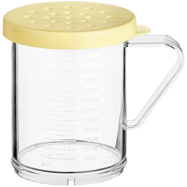 Shaker/Dredge, 10 oz., with handle, yellow snap-on lid, polycarbonate, clear