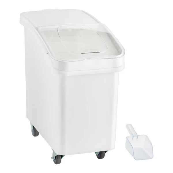 Ingredient Storage Bin with White Slant Top Sliding Lid & Scoop, Mobile, 27 Gallons / 430 Cups 
