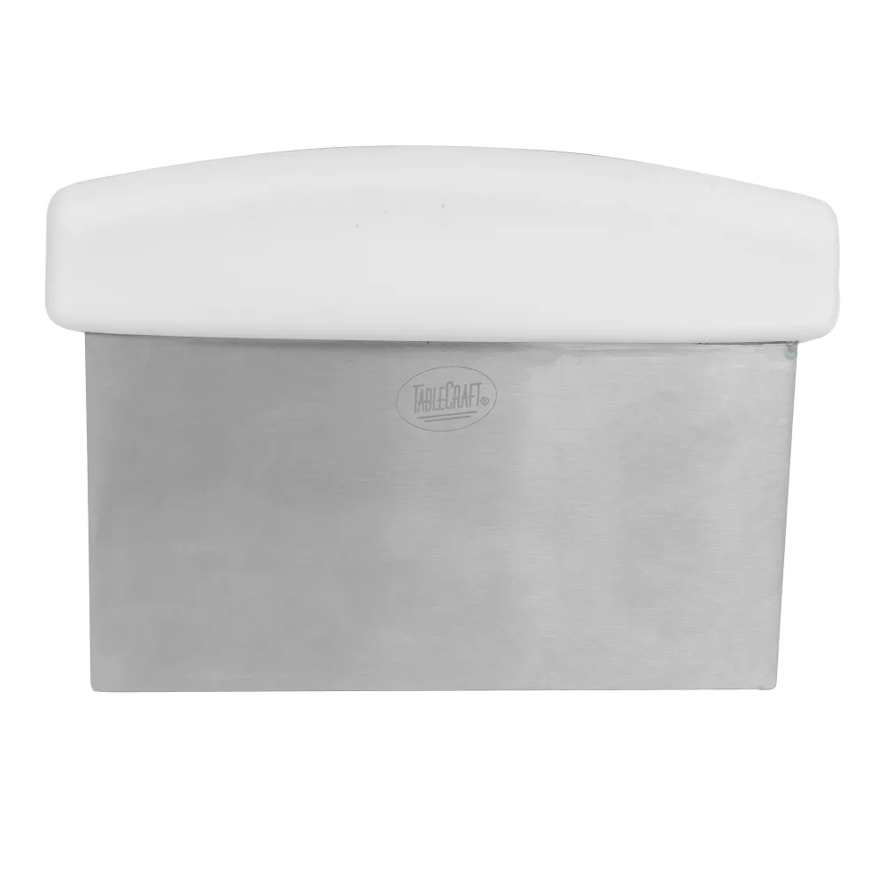 Tablecraft Stainless Steel Dough Cutter / Bench Scraper with White Handle, 6" x 4 1/2" 